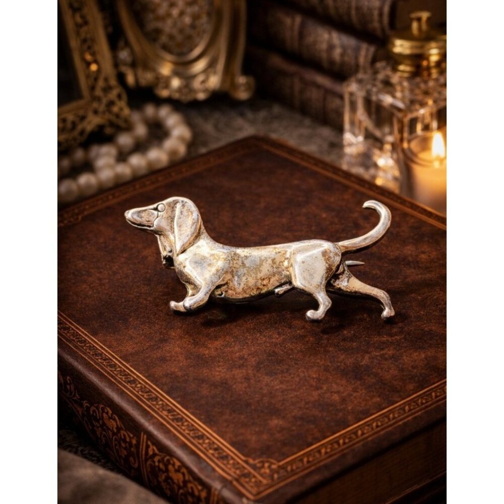 JEZLAINE 925 Sterling Silver Dachshund Brooch Vintage Wiener Dog Pin